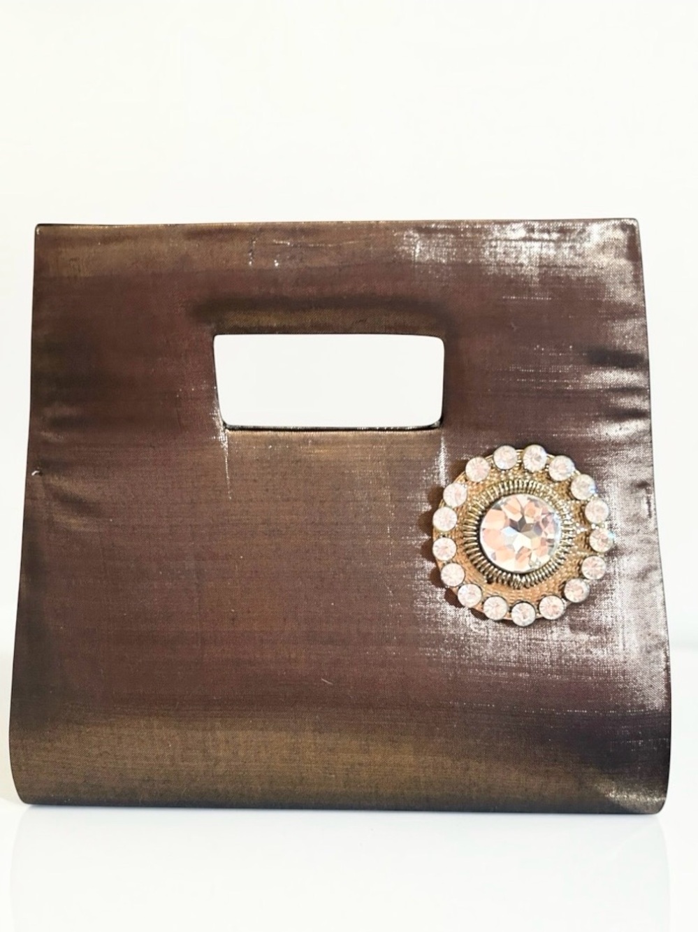 Vintage Brown Satin Evening Bag with Cut Out Handle and Rhinestone Brooch Accent